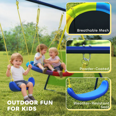 AIYAPLAY 4-in-1 Kids Swing Set with Saucer Swing, Basketball Hoop and Football Goal, Outdoor Playground Playset for Garden 
