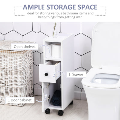 kleankin Slimline Bathroom Storage Unit w/ 2 Drawers 2 Open Compartments Wheels Handles Freestanding Compact Home Office Furniture White 