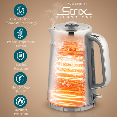 HOMCOM Electric Stainless Steel Kettle and Toaster Set, 3000W 1.7L UK Strix Thermostat Fast Boil Kettle w/ Limescale Filter, Cool Touch Body, 4 Slice Toaster with 7 Browning Levels, Crumb Tray, Grey 