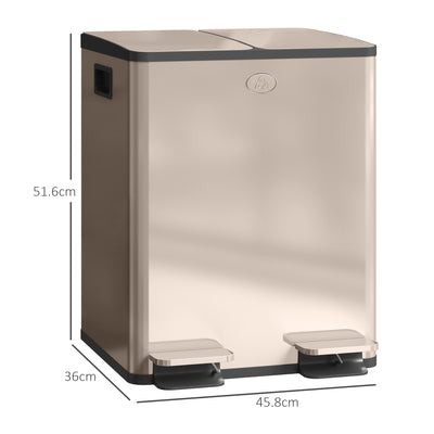HOMCOM 40L Dual Compartment Stainless Steel Bin, with Deodoriser Holders - Gold Tone 