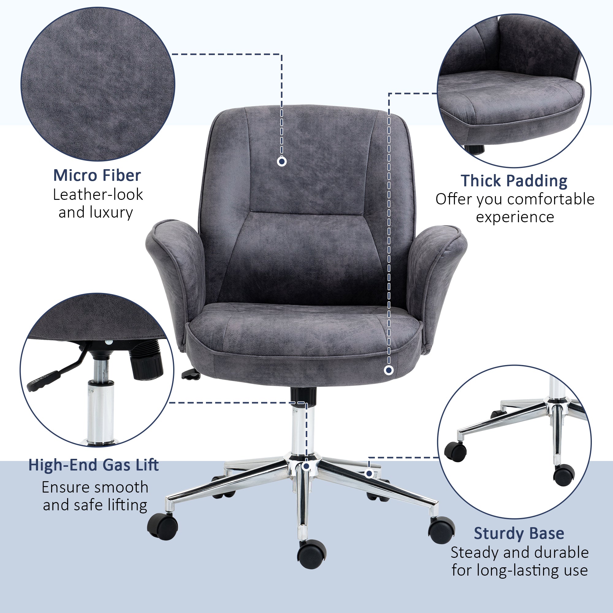 Vinsetto Swivel Computer Office Chair Mid Back Desk Chair for Home Study Bedroom,  Charcoal Grey 