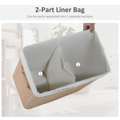 HOMCOM 100L Collapsible Natural Wood  Laundry Hamper Organizer Clothes Washing Basket Bin Storage Box w/Lid Removable Lining 52x32x63cm, Wood Color 