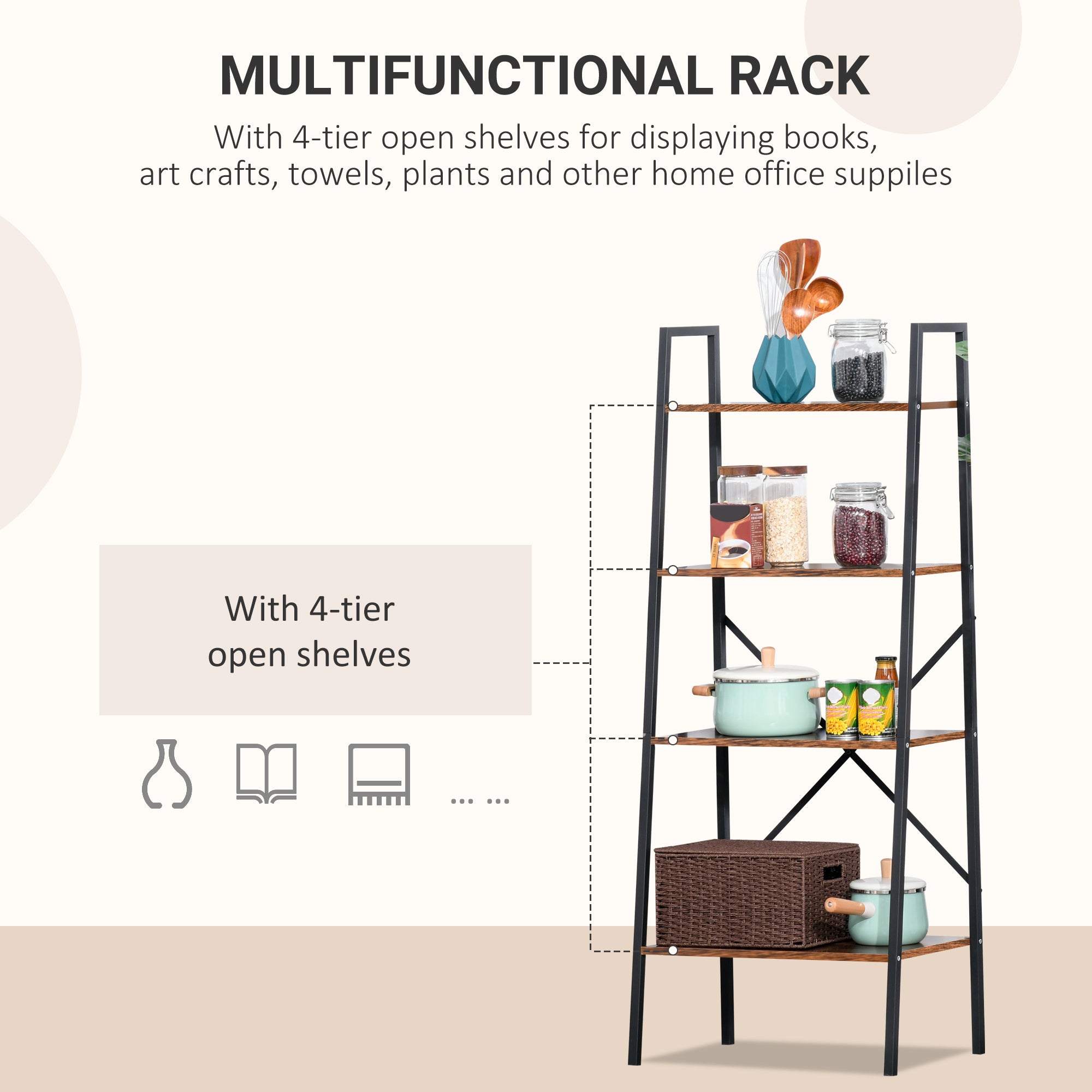 HOMCOM Bookcase 4-Tier Vintage Ladder Shelf with Wood Storage Rack, Stand Plants Display, Black and Brown 