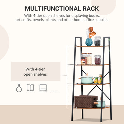 HOMCOM Bookcase 4-Tier Vintage Ladder Shelf with Wood Storage Rack, Stand Plants Display, Black and Brown 