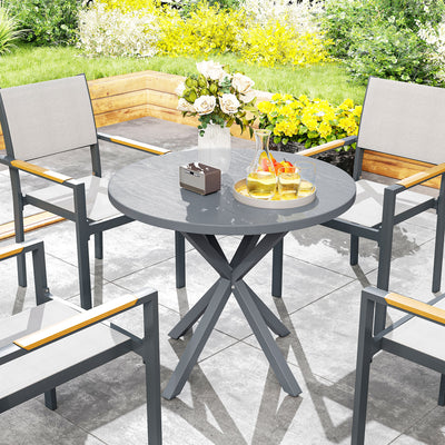 Outsunny Garden Table, 85cm Round Outdoor Dining Table with Steel Frame, Wood Effect Top, for Balcony, Deck, Dark Grey 