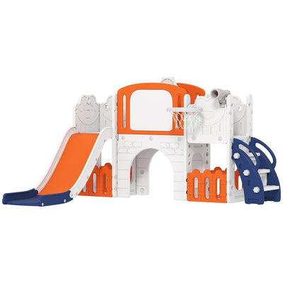 AIYAPLAY 7 in 1 Toddler Slide Set with Basketball Hoop, Climbing Frame, Telescope, Drawing Board, Storage Box, Orange 