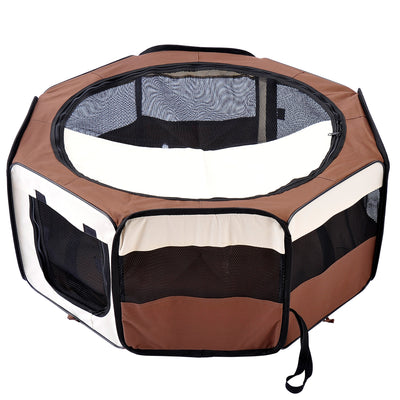 PawHut Portable Cat Dog Playpen Pet Puppy Rabbit Guinea Pig Pen Run Dia 90 x 41H cm Indoor & Outdoor Brown 