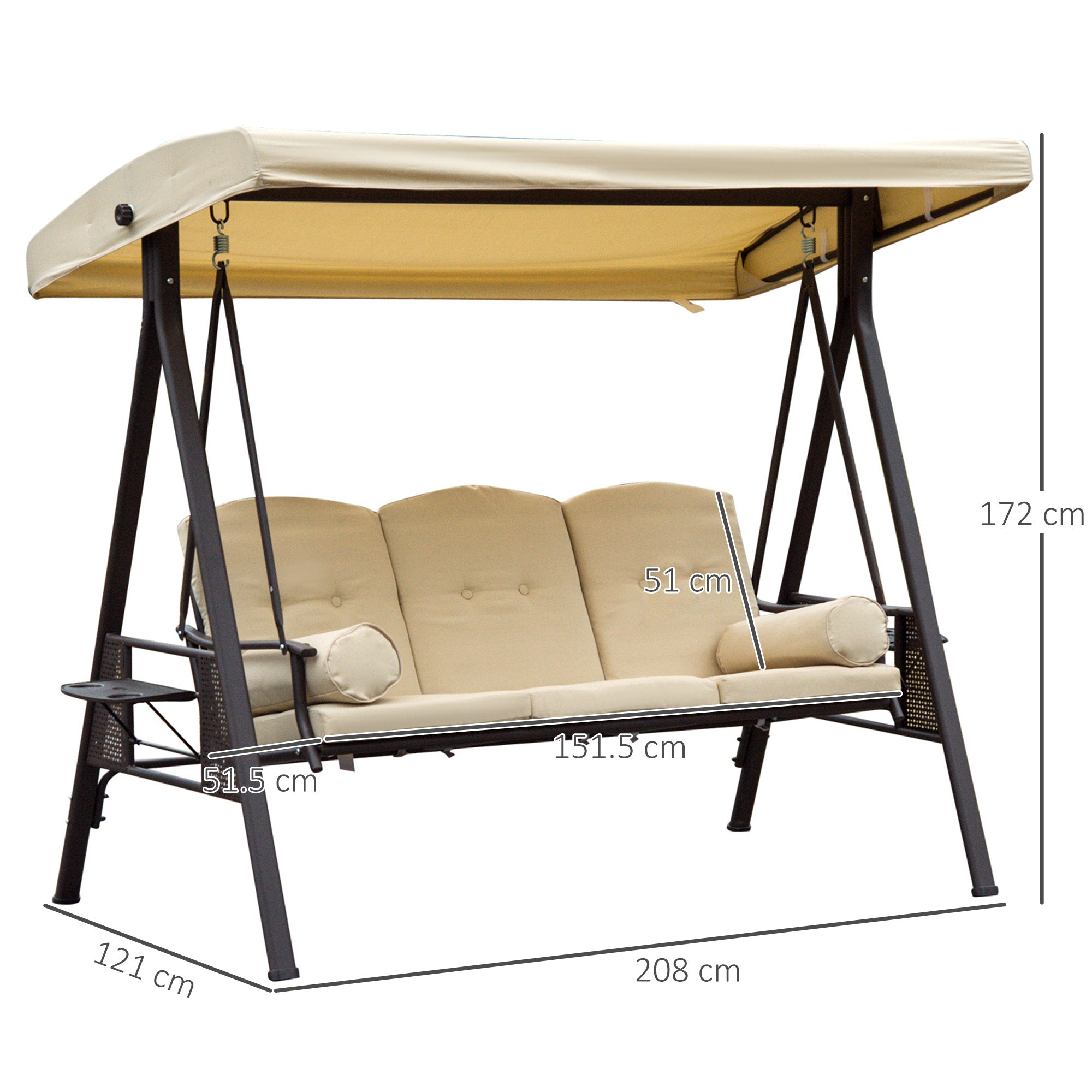 Outsunny Swing Chair Hammock Chair 3 Seater Canopy Cushion Shelter Outdoor Bench Steel Beige 
