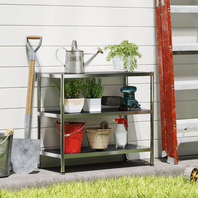 HOMCOM 3-Tier Bakers Rack with Storage, Stainless Steel Microwave Stand with Adjustable Shelves for Small Spaces, Kitchen Storage Unit for Spices, Pots and Pans, Silver Tone 