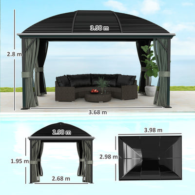 Outsunny 3 x 4m Hardtop Gazebo Canopy with Metal Roof, Aluminium Gazebo Permanent Pavilion with Netting and Curtains, Dark Grey 
