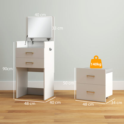 HOMCOM 3 in 1 Dressing Table with Flip-top Mirror and Rolling Stool, Modern Vanity Desk with Visible Glass Tabletop, Drawers and Side Hook, Makeup Table with Cushioned Storage Stool for Bedroom, White