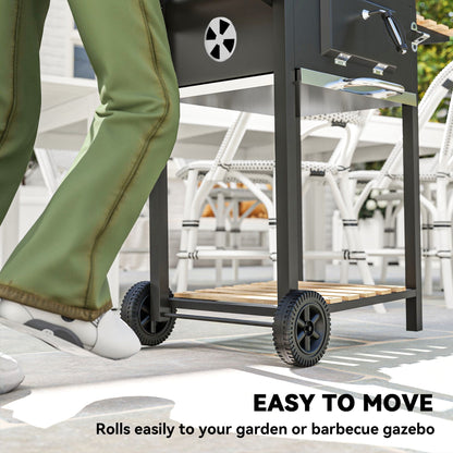 Outsunny Charcoal BBQ Grill with Height Adjustable Charcoal Pan, Portable Barbecue Smoker with Warming Rack, 3 Shelves, Temperature Gauge, Wheels, Bottle Opener for Outdoor Cooking Garden Party 