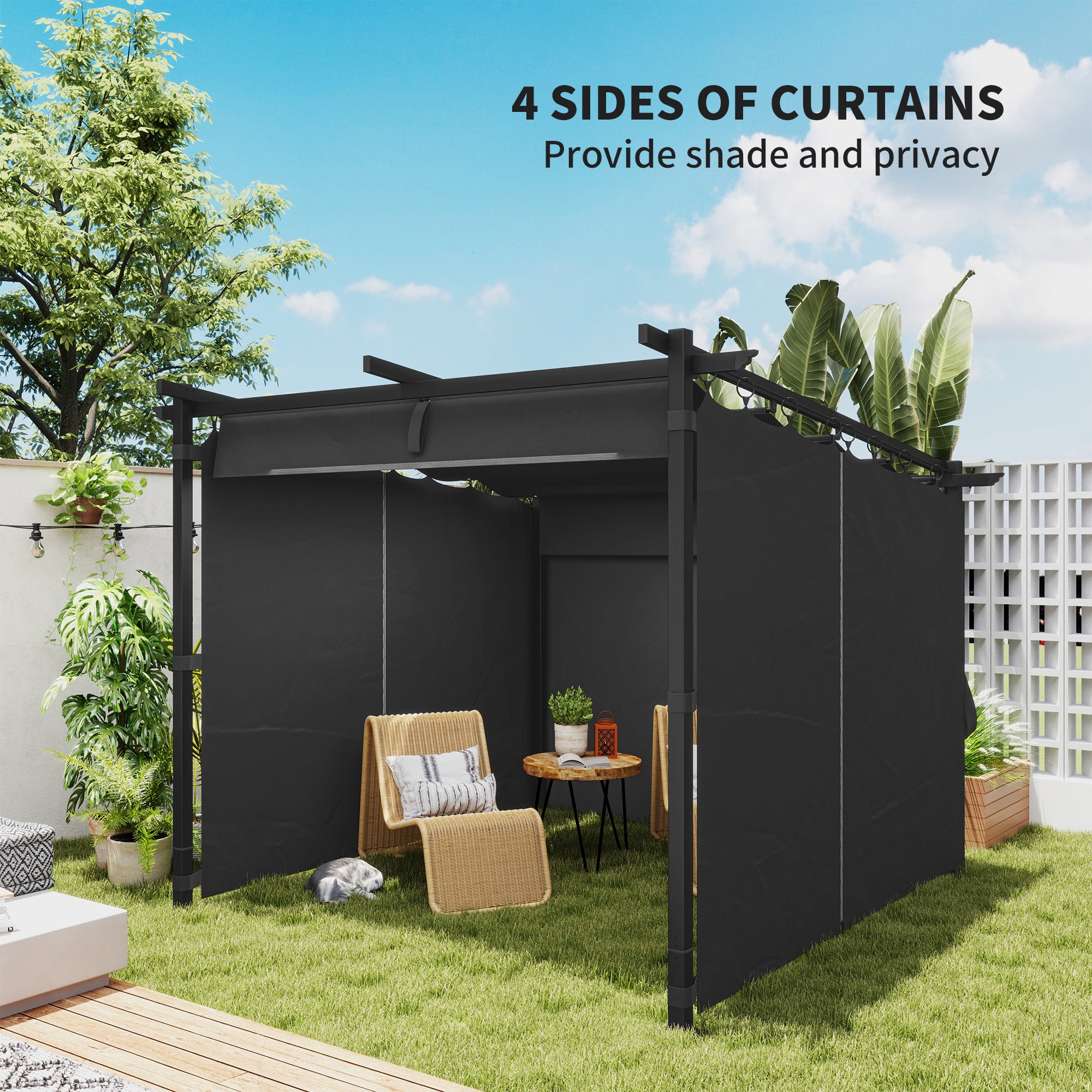 Outsunny 3 x 3 m Retractable Roof Pergola, with Curtains - Dark Grey 
