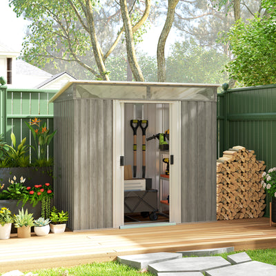 Outsunny 6.5 x 4FT Galvanised Metal Shed with Foundation Kit, Lockable Tool Garden Shed with Double Sliding Doors, Vents, Light Grey Wood Effect 