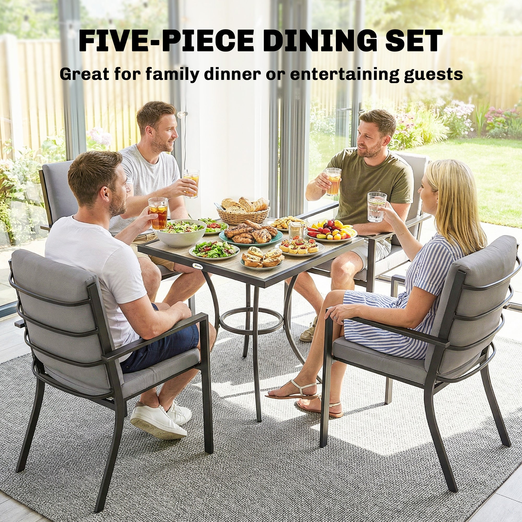 Outsunny 5 Pieces Outdoor Dining Set with Cushions, Garden Dining Set for 4 with Square Table and Stackable Chairs 