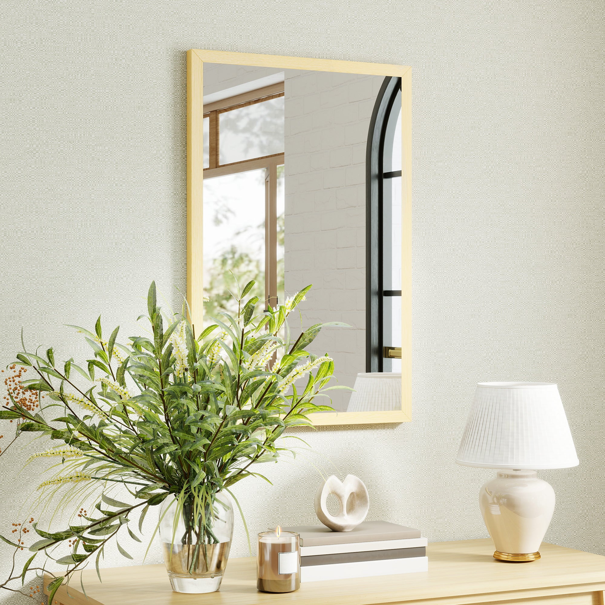 HOMCOM Wall Bathroom Mirror, 60 x 40 cm Wall-Mounted Mirror for Living Room, Bedroom, Hallway, Natural Wood Finish 