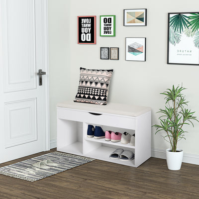 HOMCOM Wooden Shoes Cabinet Bench Hidden Storage Padded Seat Organiser Footwear Rack Hallway White 80 x 30 x 47 cm 