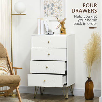 HOMCOM Tall Chest of Drawers, 4-Drawer Dresser for Bedroom, Modern Storage Cabinets with Hairpin Legs, White 