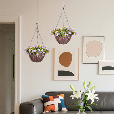 HOMCOM Artificial Flowers in Basket Set of 2, Artificial Hanging Baskets with 75 Leaves and 15 Flowers in Pot, Decorative Plant for Home Office Decor, Purple 