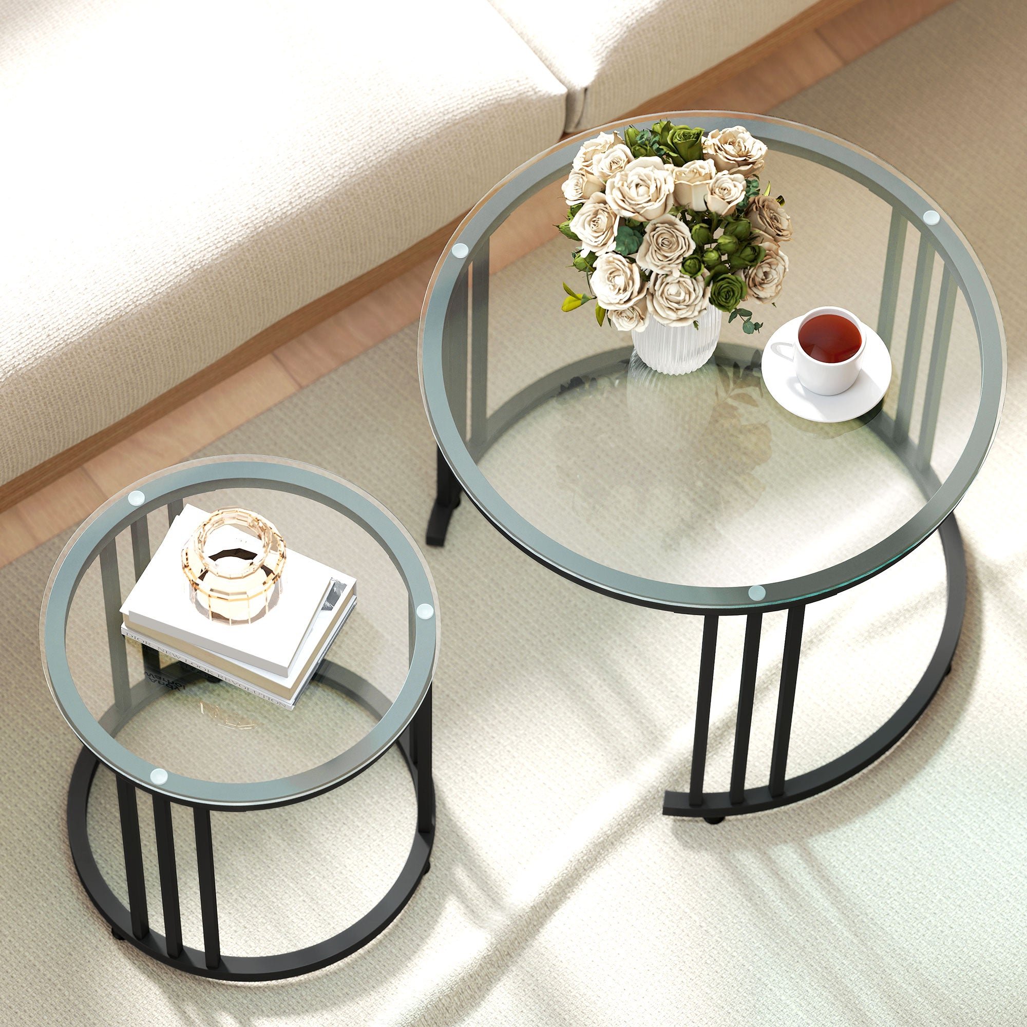 HOMCOM Round Coffee Tables Set of 2, Nesting Tables with Tempered Glass Top and Steel Frame, Black 