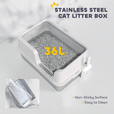 PawHut Stainless Steel Litter Box with Detachable Rim, Scoop, Easy Cleaning, Odour-Resistant, 60 x 40 x 28 cm 