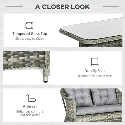 Outsunny Four-Piece Rattan Set, with Glass-Top Table - Grey 