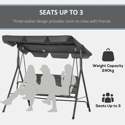 Outsunny 3-Seater Outdoor PE Rattan Swing Chair, Patio Wicker Hanging Swing Bench with Steel Frame Stand & Adjustable Canopy, Grey 