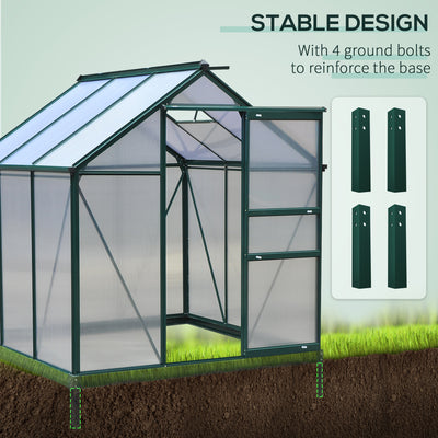 Outsunny 6 x 6ft Polycarbonate Greenhouse, Large Walk-In Green House with Slide Door and Window, Garden Plants Grow House with Aluminium Frame and Foundation, Dark Green 