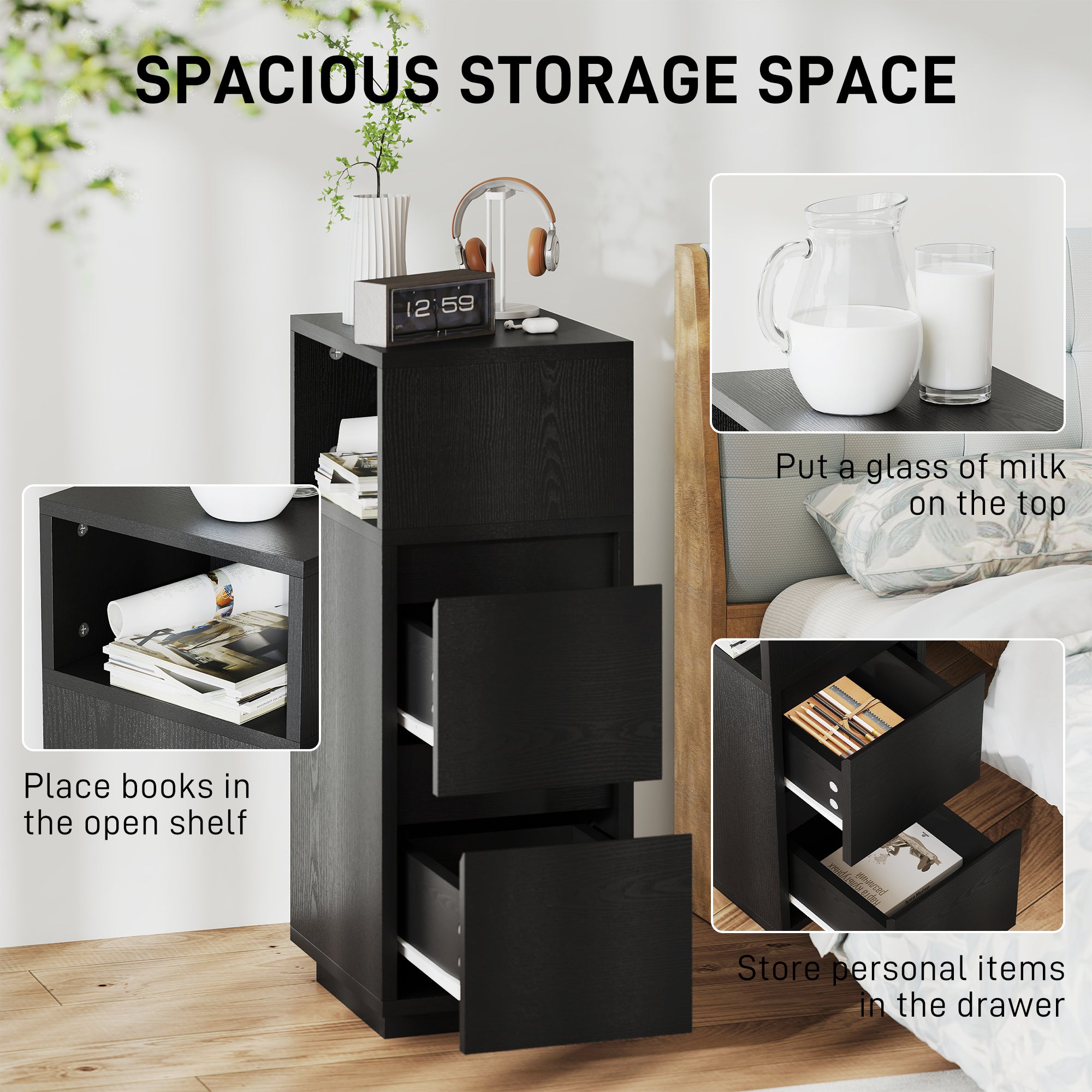 HOMCOM Slim Bedside Table, Narrow Bedside Cabinet with Open Shelf and 2 Drawers for Bedroom, Living Room, Black 