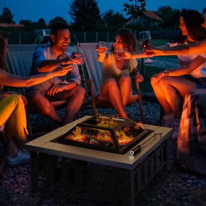 Outsunny Metal Large Firepit Outdoor Square Fire Pit Brazier w/ Rain Cover, Lid, Log Grate, Poker for Backyard, Camping, BBQ, Bonfire, Wood Burning Stove, 86 x 86 x 54cm, Black 