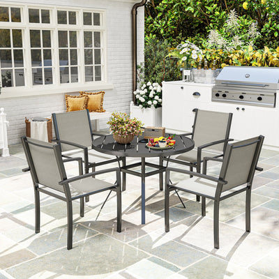 Outsunny 5 Piece Garden Furniture Set, Garden Dining Set with Round Table and 4 Stackable Chairs, Steel Frame, for Outdoor, Patio, Terraces, Dark Grey 