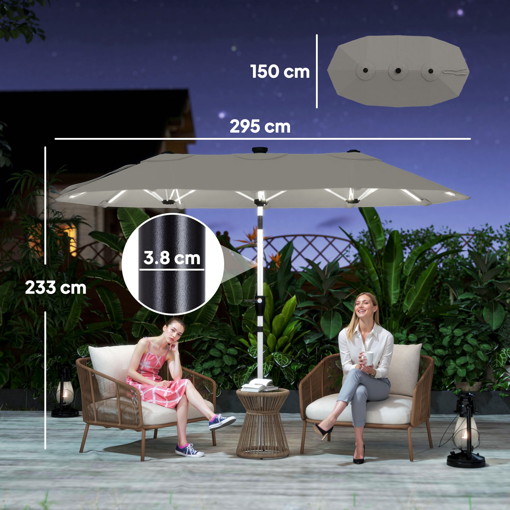 Outsunny 3 m Double-Sided Garden Parasol with LED Solar Lights, Outdoor Extra Large Sun Umbrella with Crank Handle, Grey 