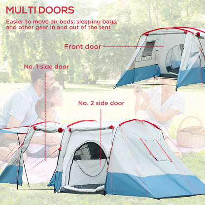 Outsunny 6-8 Person Tunnel Tent, Camping Tent with Bedroom, Living Room, Sewn-in Floor, 3 Doors and Carry Bag, 2000mm Water Column for Fishing, Hiking, Sports, and Traveling, Blue 