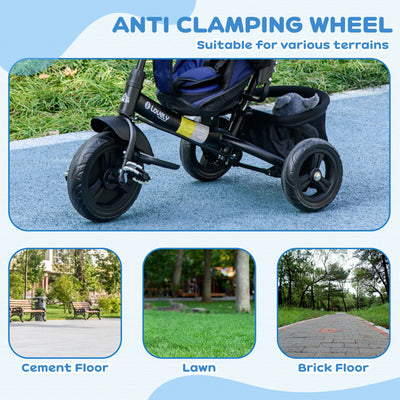HOMCOM 6 in 1 Kids Trike Push Bike with Push Handle, Canopy, 5-point Safety Belt, Storage, Footrest, Brake, for 1-5 Years, Dark Blue 