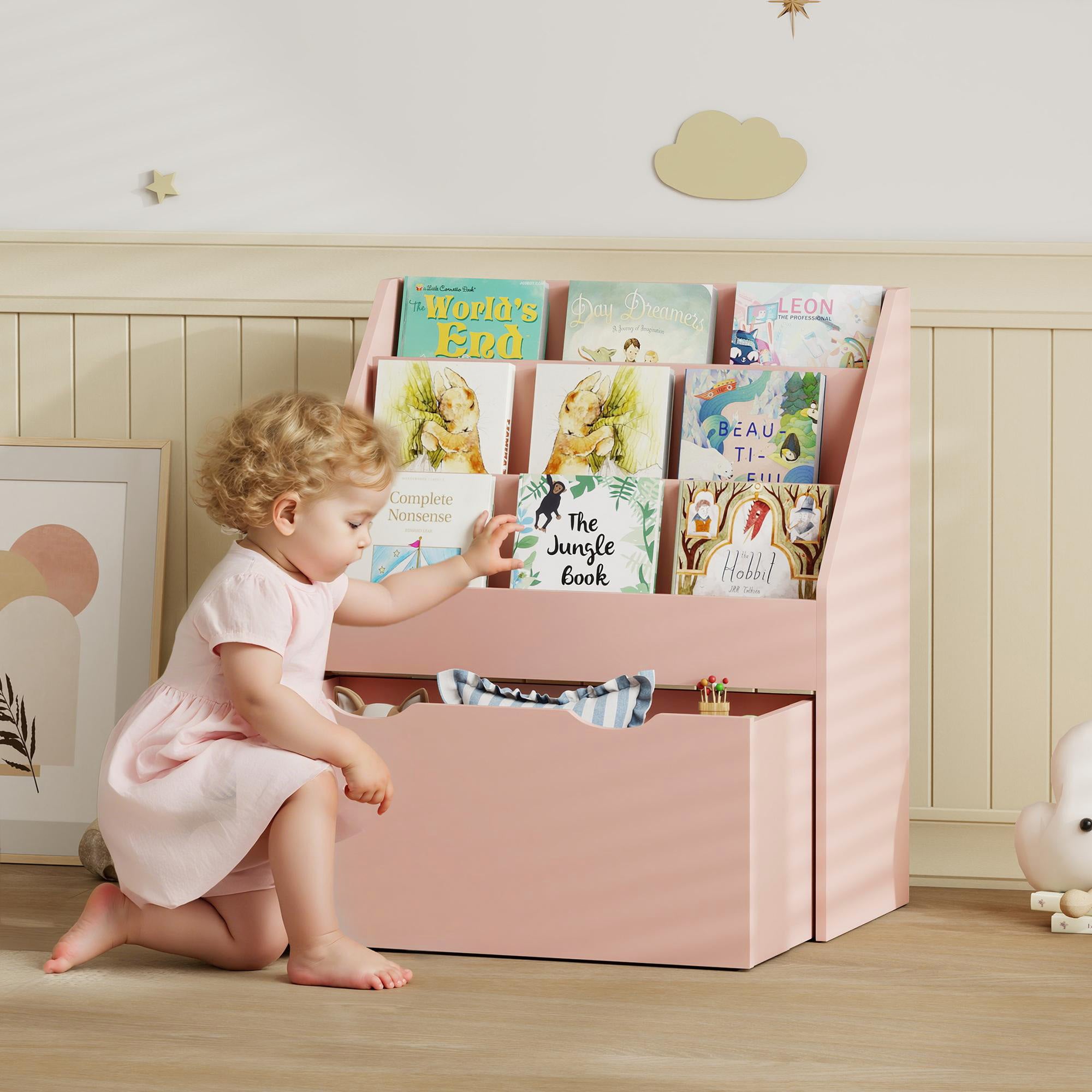 AIYAPLAY Bookcase for Kids with Shelves, Drawer, Bookcase for Bedroom, Playroom, Pink 