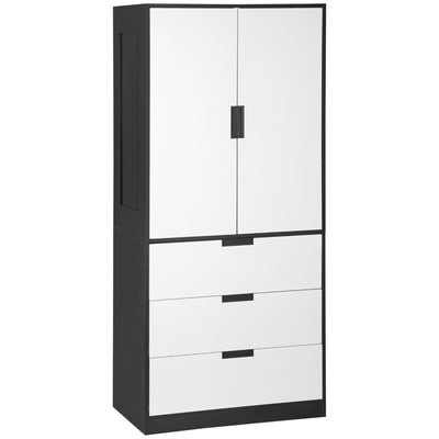 HOMCOM 2 Door Wardrobe, Modern Wardrobe with 3 Drawers and Hanging Rod for Bedroom, Black 