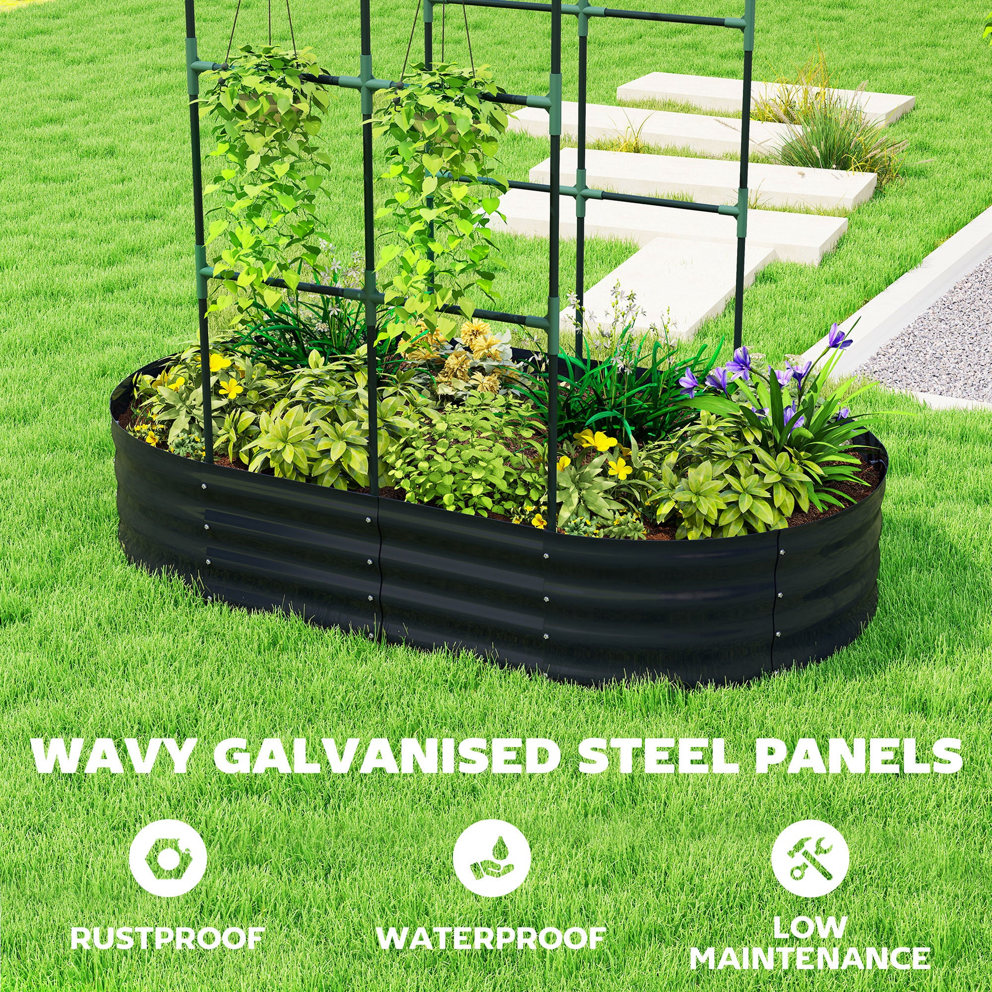Outsunny Galvanised Raised Garden Bed with Arched Trellis, 5 x 3 x 6ft Metal Raised Bed for Garden with Open Bottom, Dark Grey 