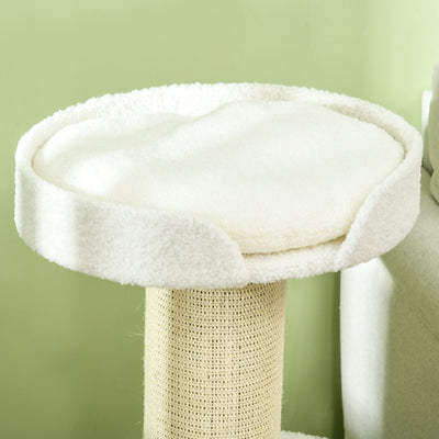 PawHut 2 Tier Sisal Sherpa Cat Tree with Basket Cushion Sisal Post Cream White 