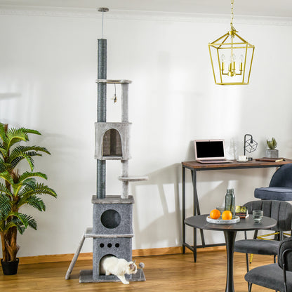 PawHut 255cm Floor To Ceiling Cat Tree for Indoor Cats Climber Scratching Post Adjustable Height Play Tower Removable Cover Grey 