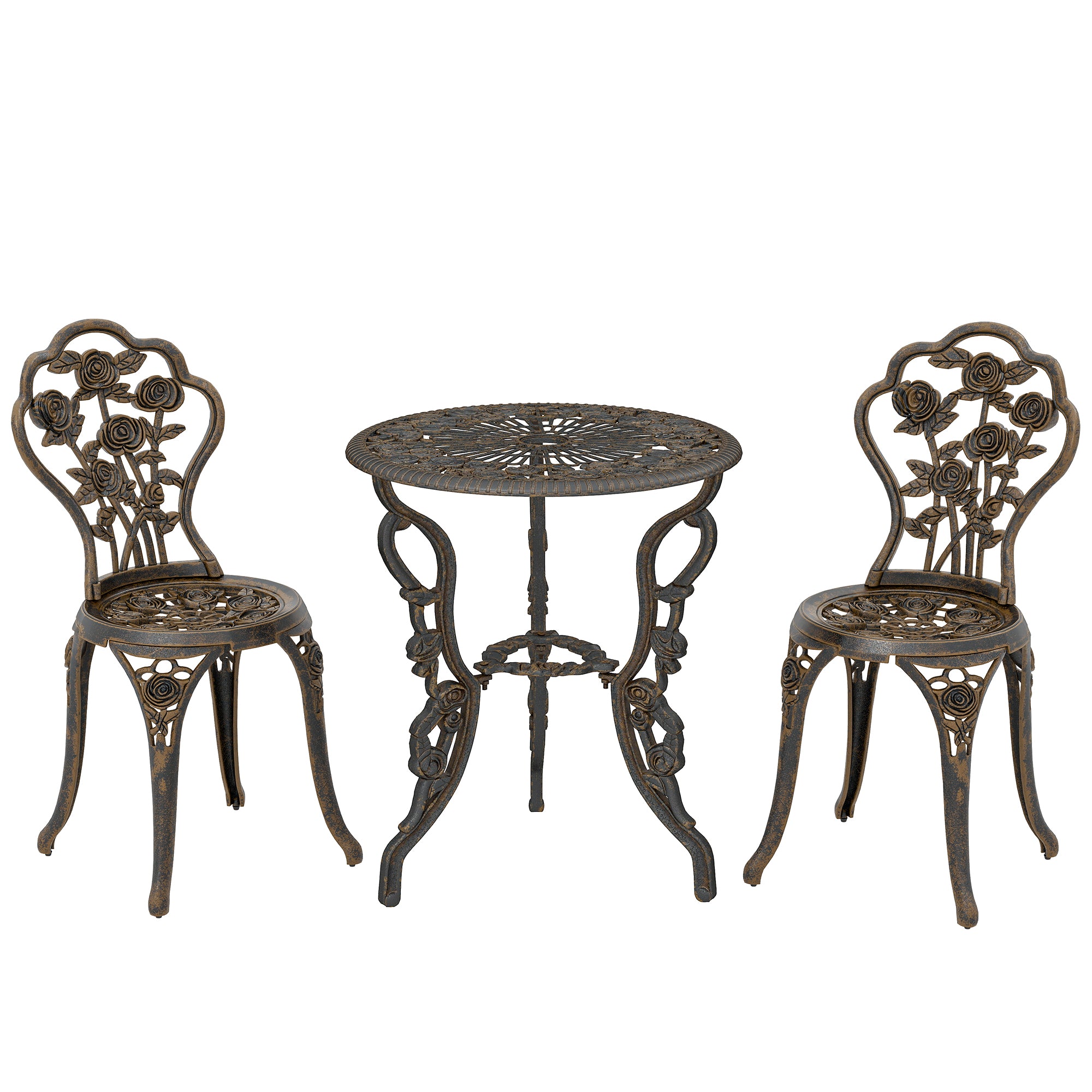 Outsunny Outdoor Bistro Set Vintage Rose Design Patio Furniture Set with Round Table and 2 Chairs Metallic Finish 