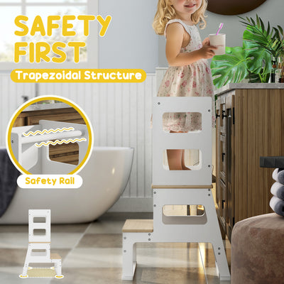 AIYAPLAY 2-in-1 Toddler Tower with Chalkboard, Safety Rail for Kitchen, Counter, Bathroom, Sink, White 