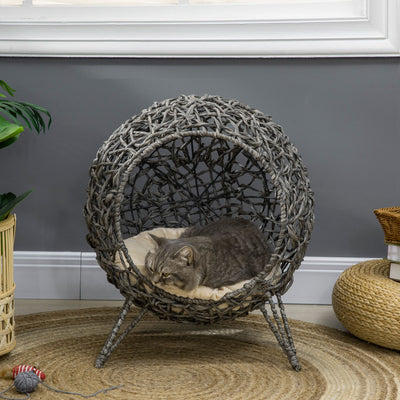 PawHut Rattan Elevated Cat Bed House Kitten Basket Ball Shaped Pet Furniture w/ Removable Cushion - Silver-Tone and Grey 