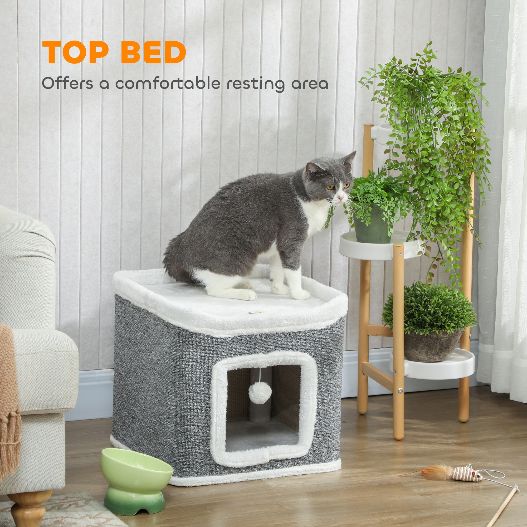 PawHut Cat House for Indoor Kittens, 2-Level Cat Cave Bed with Fluffy Balls, Top Bed, Kitten Barrel for Multi Kitties, Grey 
