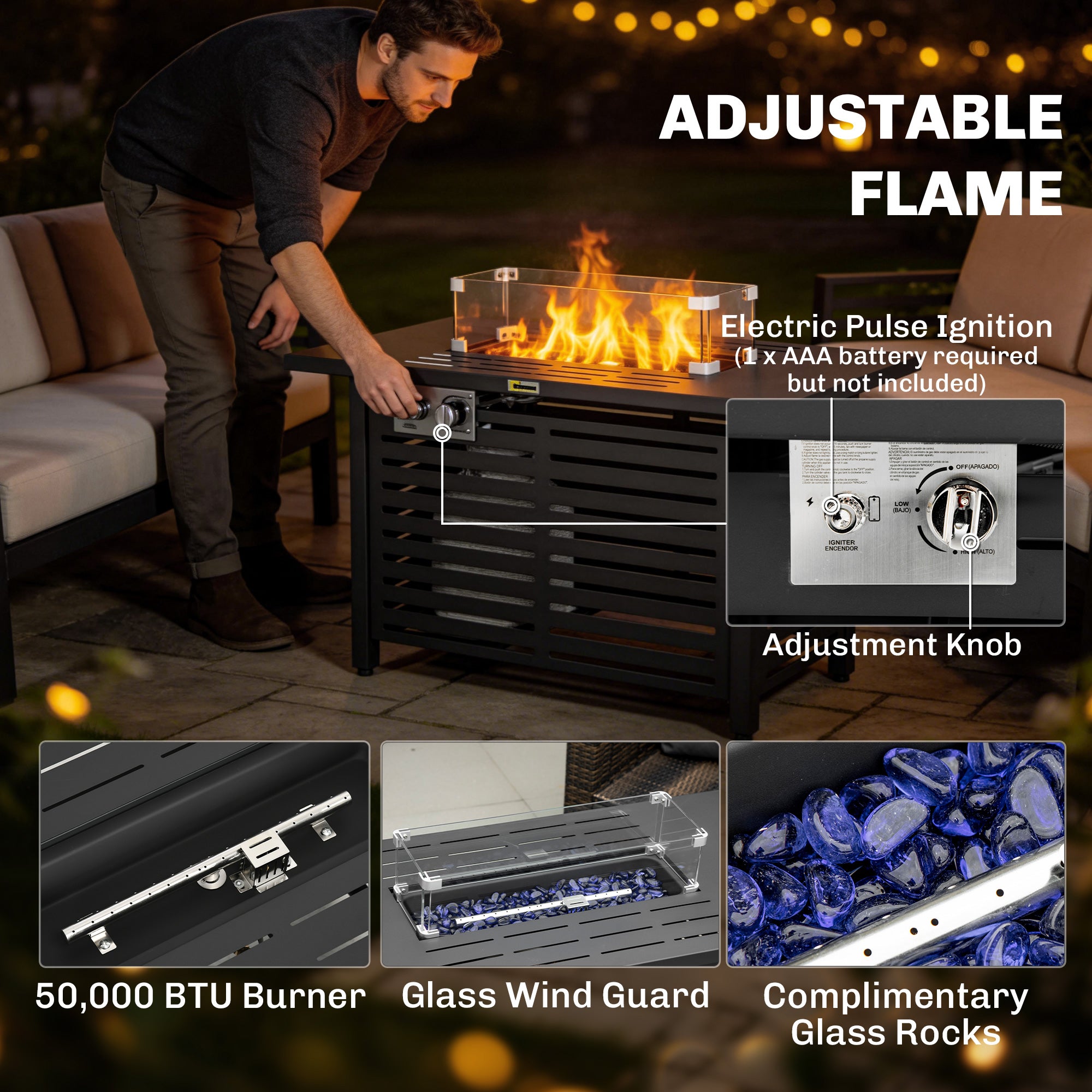 Outsunny Propane Gas Fire Pit Table, Outdoor Firepit with 43" Steel Tabletop and Lid, 50,000 BTU Pulse Ignition Fire Table w/ Stainless Steel Burner, Glass Wind Guard, and Cover 