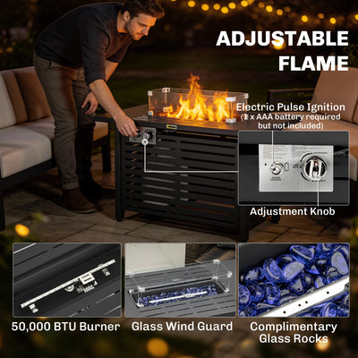 Outsunny Propane Gas Fire Pit Table, Outdoor Firepit with 43" Steel Tabletop and Lid, 50,000 BTU Pulse Ignition Fire Table w/ Stainless Steel Burner, Glass Wind Guard, and Cover 