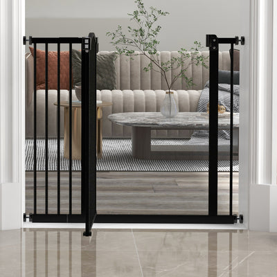 PawHut Metal 74-94cm Adjustable Pet Gate Safety Barrier w/ Auto-Close Door Black 