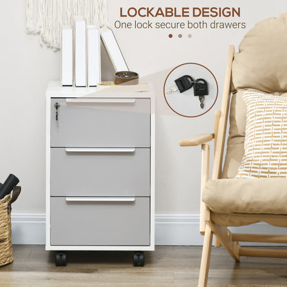HOMCOM 3-Drawer Lockable Filing Cabinet, File Cabinet on Wheels, Mobile Office Storage Drawers for Home Office, Bedroom and Living room, White and Grey 