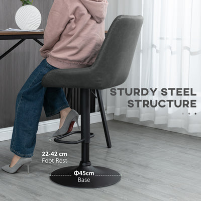 HOMCOM Retro Bar Stools Set of 2, Adjustable Kitchen Stool, Upholstered Bar Chairs with Back, Swivel Seat, Dark Grey 