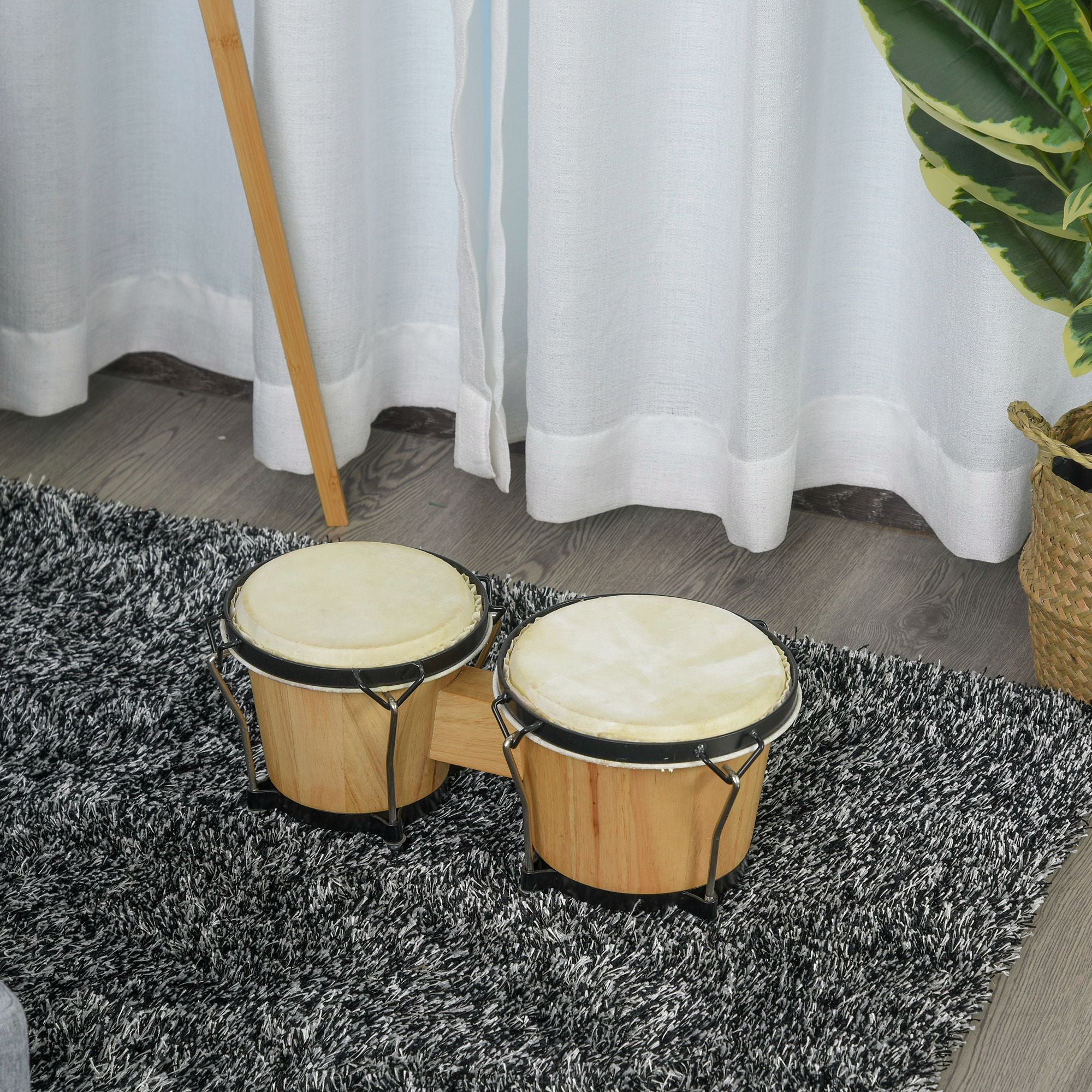 HOMCOM Wooden Bongo Drum Set Φ7.75" & Φ7" w/ Drum Head, Percussion Instrument, Drums, Tuning Wrench For Adults Beginners 