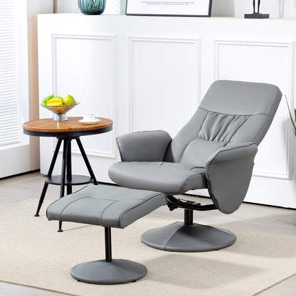 HOMCOM Swivel Recliner Chair with Footstool, PU Leather Armchair and Ottoman with High Back and Round Base for Living Room, Light Grey 